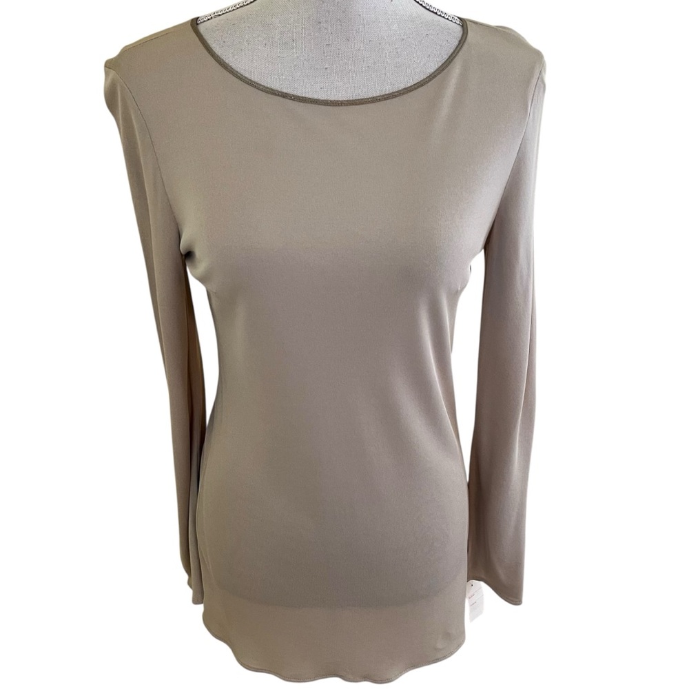 GENNY Cream Lightweight Knit Scoop Neck Long Sleeve Top with Metallic Trim 8